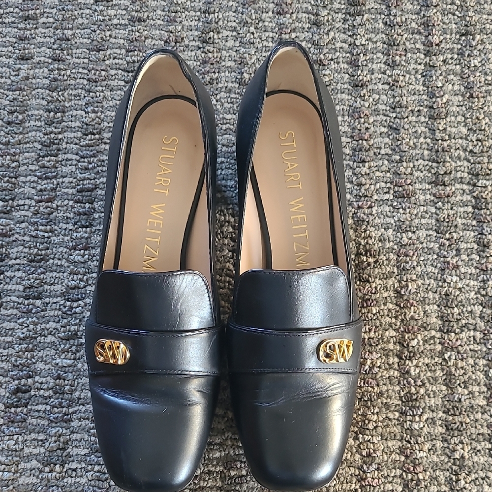 Stuart Weitzman Black Leather Riela Loafers with Gold Accent
